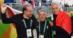 Giovanni Malago (R) President of the Italian National Olympic Committee (CONI), Luciano Rossi (L) President of the Shooting Italian Federation and coach Andrea Benelli (C) after the Skeet Women's final of the Rio 2016 Olympic Games Shooting events at the Olympic Shooting Centre in Rio de Janeiro, Brazil, 12 August 2016. ANSA/ETTORE FERRARI