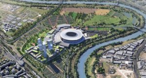 Il rendering del progetto del nuovo stadio della AS Roma, localizzato a Tor di Valle