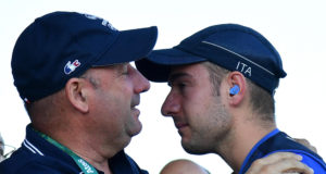 Gold medal Gabriele Rossetti (R) of Italy celebrates with his father Bruno (L) after winning the Skeet Men's final of the Rio 2016 Olympic Games Shooting events at the Olympic Shooting Centre in Rio de Janeiro, Brazil, 13 August 2016. ANSA/ETTORE FERRARI